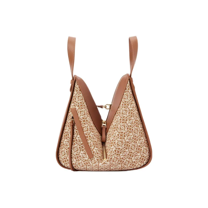 LOEWE Anagram Jacquard Fabric With Cow Leather Hammock Handbag Trumpets Women's Tan-3