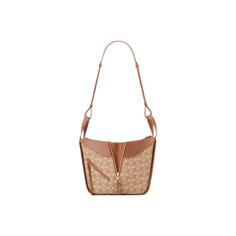 LOEWE Anagram Jacquard Fabric With Cow Leather Hammock Handbag Trumpets Women's Tan-4