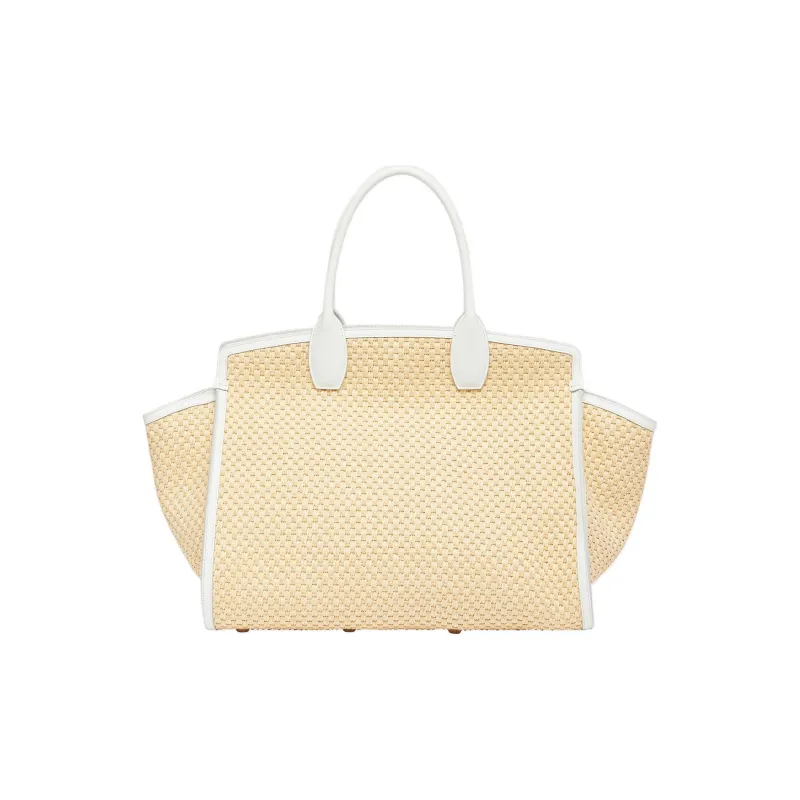 FERRAGAMO Studio Fabric Cow Leather Patchwork Handbag Extra Large Women's White-2