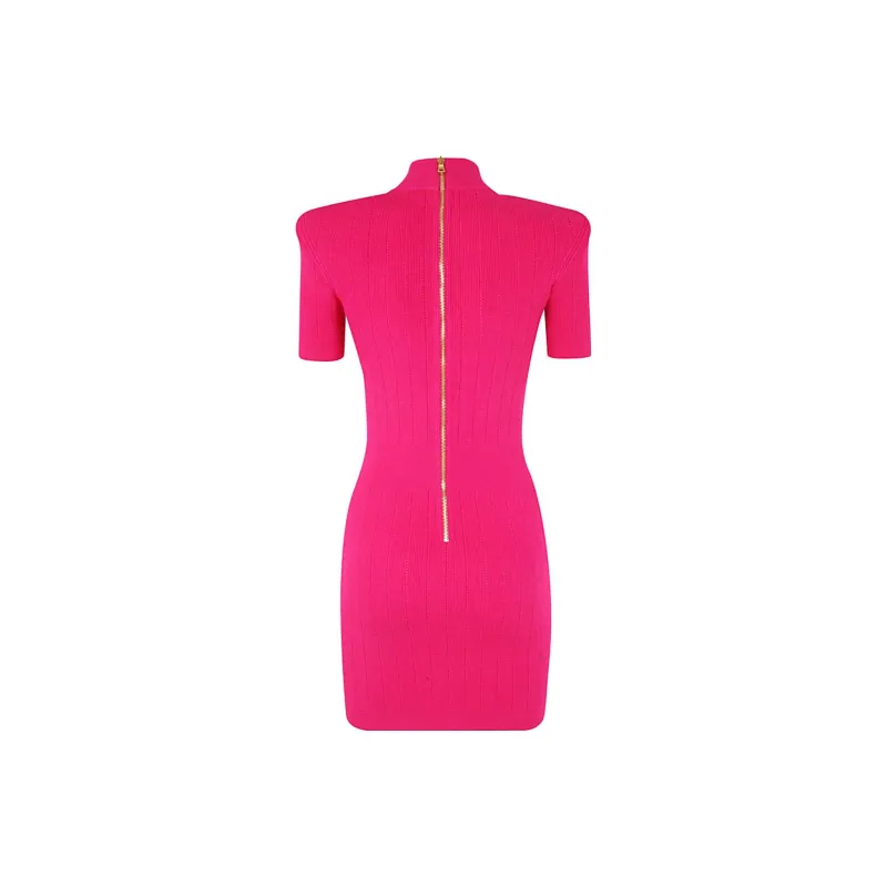 BALMAIN Mock Neck Button-Embellished Ribbed Mini Dress-1