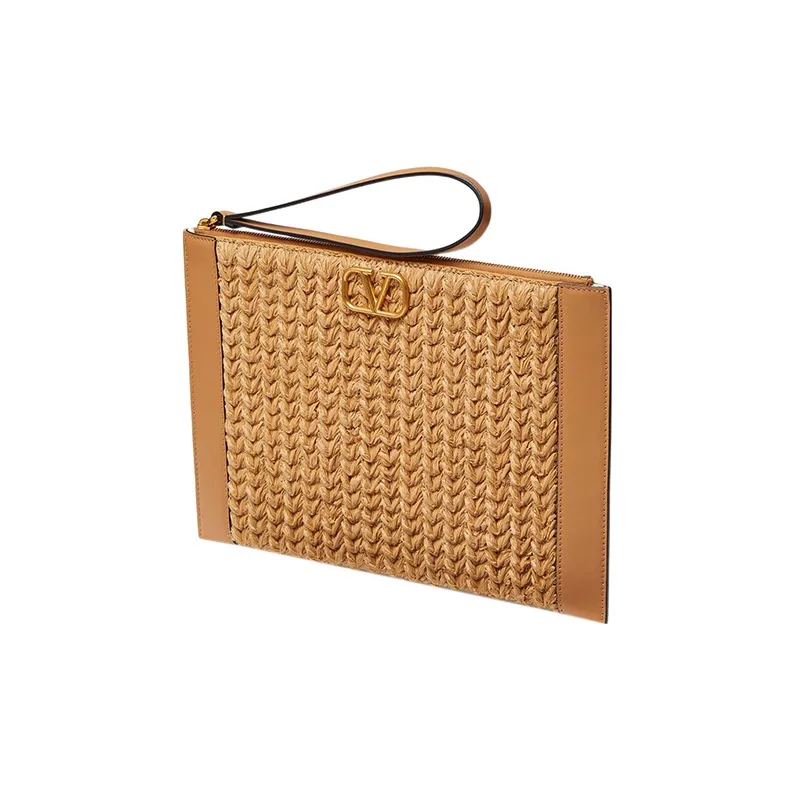 Valentino GARAVANI Leather Patchwork With Raffia Clutch Regular Women's Brown Natural-1