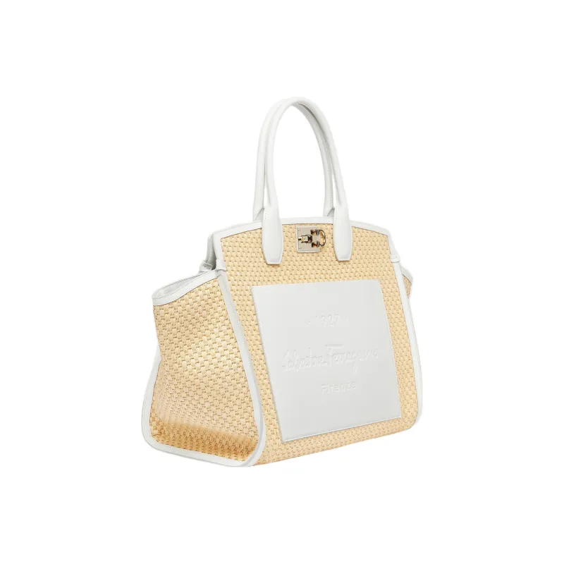 FERRAGAMO Studio Fabric Cow Leather Patchwork Handbag Extra Large Women's White-1