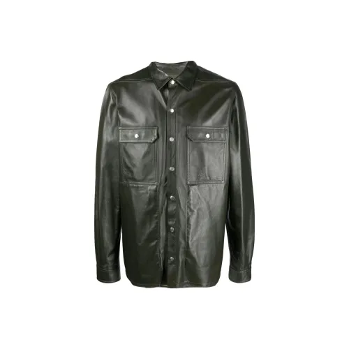 RICK OWENS Leather Jackets Men Olive Green