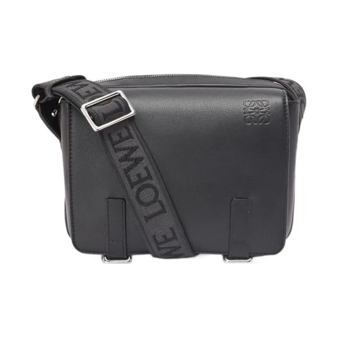 LOEWE Military Cow Leather With Jacquard Fabric Messenger Bag, Crossbody Bag, Shoulder Bag Trumpets Men's Black-0