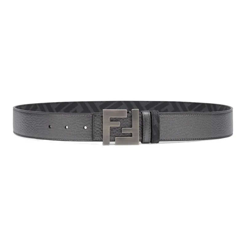 FENDI Square FF Smooth Buckle Cow Leather Belt Gray Men's-0