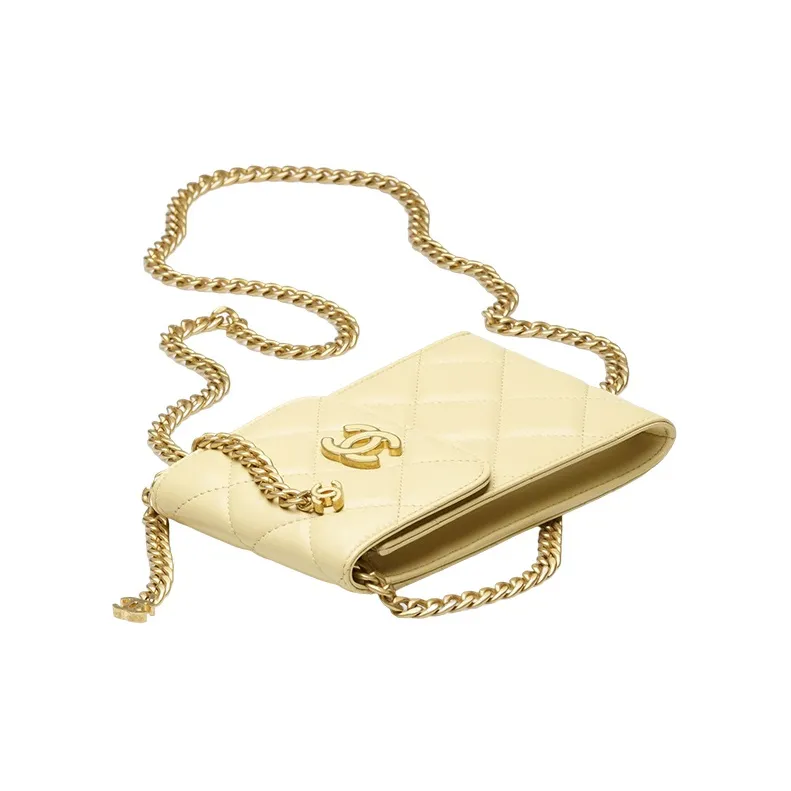 CHANEL 22P Sheepskin Chain Cell Phone Pouch Women's Light Yellow-1