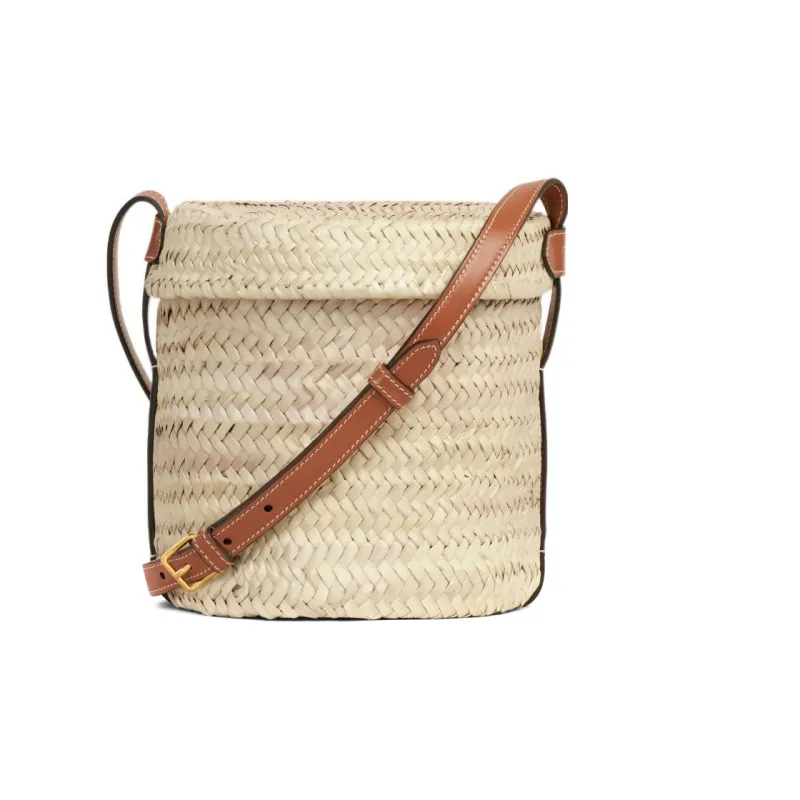 CELINE Palm Leaf With Cow Leather Accents Bucket Bags Crossbody Bag Shoulder Bag Women's Natural Color & Tan-1