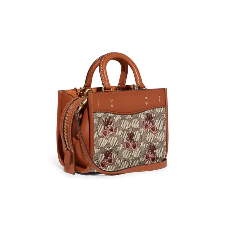 COACH Rogue Embroidery Fabric With Cow Leather Handbag, Shoulder Bag, Crossbody Bag Small Size Women's Monogram Brown-1