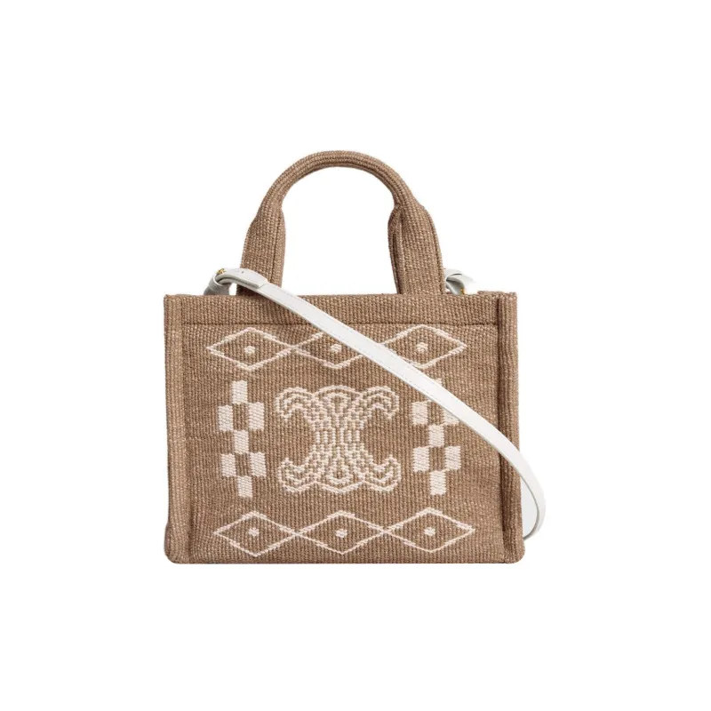 CELINE Cabas Textile, Cow Leather Tote Bag, Shopping Bag, Handbag Trumpets Women's Beige White-2