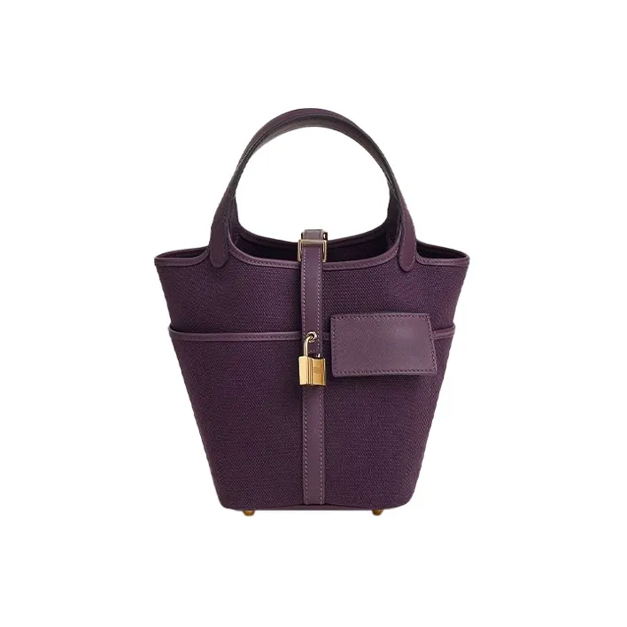HERMES Picotin Canvas With Swift Calfskin Basket Bag Handbag Bucket Bag 18 Women's Grape Purple/Blackcurrant Purple-0