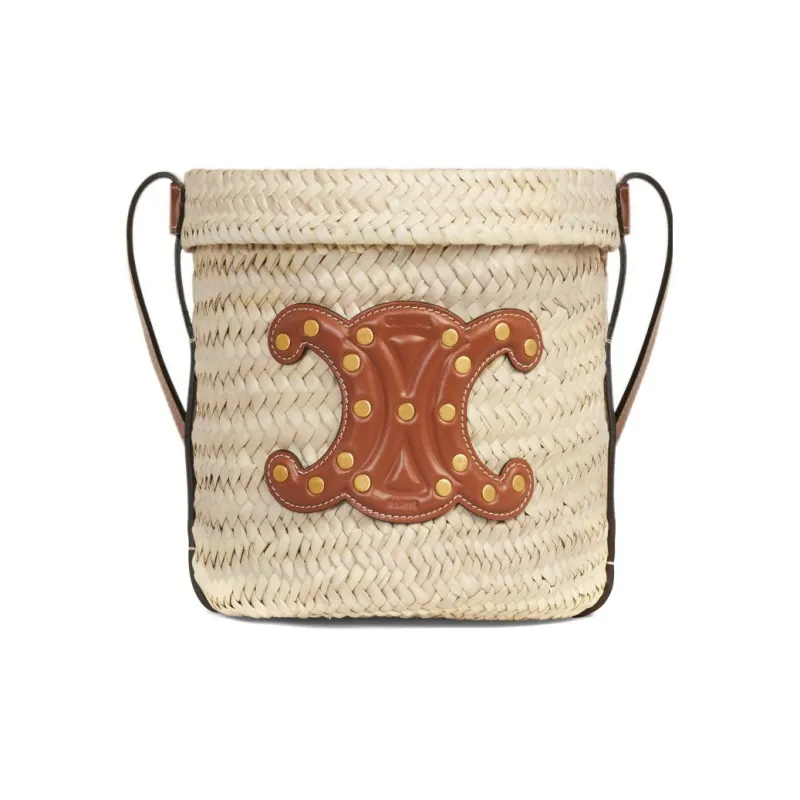 CELINE Palm Leaf With Cow Leather Accents Bucket Bags Crossbody Bag Shoulder Bag Women's Natural Color & Tan-0