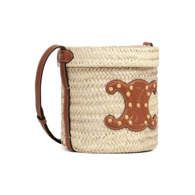 CELINE Palm Leaf With Cow Leather Accents Bucket Bags Crossbody Bag Shoulder Bag Women's Natural Color & Tan-2