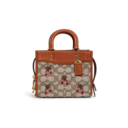 COACH Rogue Embroidery Fabric With Cow Leather Handbag, Shoulder Bag, Crossbody Bag Small Size Women's Monogram Brown