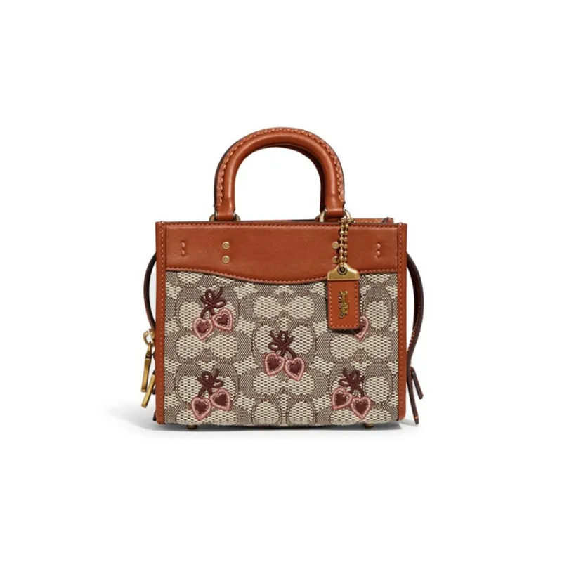 COACH Rogue Embroidery Fabric With Cow Leather Handbag, Shoulder Bag, Crossbody Bag Small Size Women's Monogram Brown-0