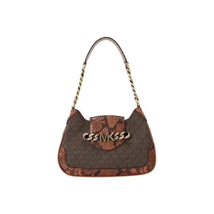 MICHAEL KORS Hally Cow Leather Shoulder Bag Women's Dark Brown & Acorn Brown-0