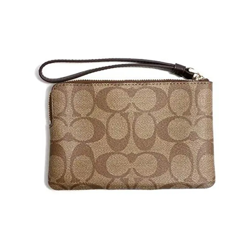 COACH Corner Zip Canvas With Leather Coin Purse Wrist Bag Clutch Women's Dark Brown-2