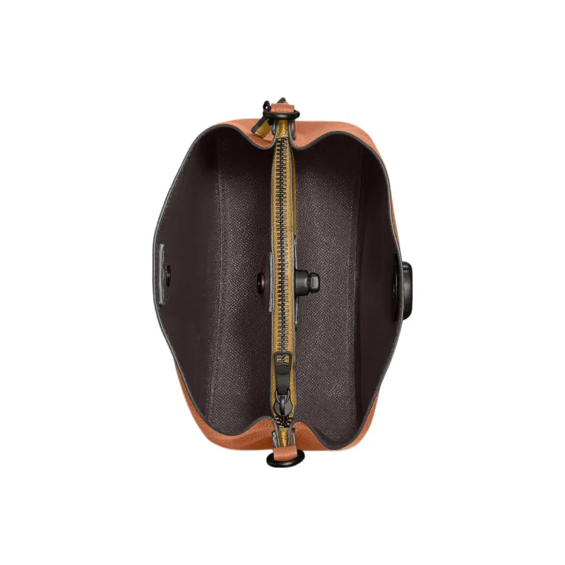 COACH Pebbled Leather Bucket Bag Handbag Shoulder Bag Crossbody Bag Medium Size Women's Orange-Brown-2
