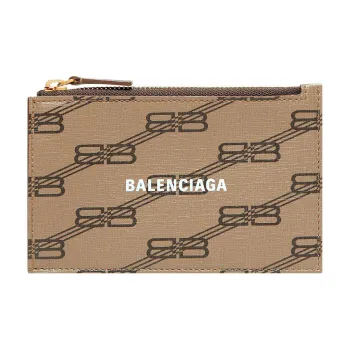 Balenciaga Coated Canvas Card Clip Zero Wallet Large Size Women's Beige/Brown