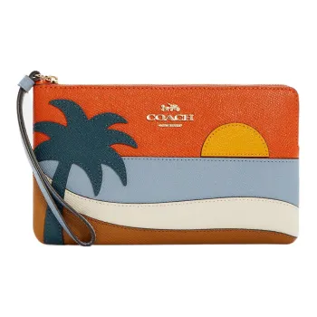 COACH Corner Zip Leather Clutch Wrist Bag Coin Purse Small Size Women's Red/Blue/Brown