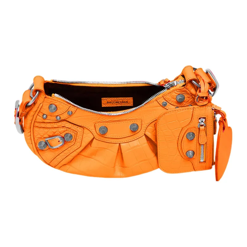 Balenciaga Le Cagole Supple Crocodile Pattern Embossed Cow Leather Crossbody Bag Shoulder Bag Mini Women's Orange-4