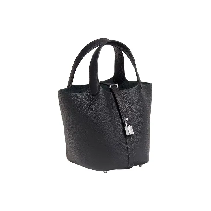 HERMES Picotin Lock Clemence Bullock Leather Basket Bag, Bucket Bag, Handbag 18 Women's 3Y Caban Black Cloth-1