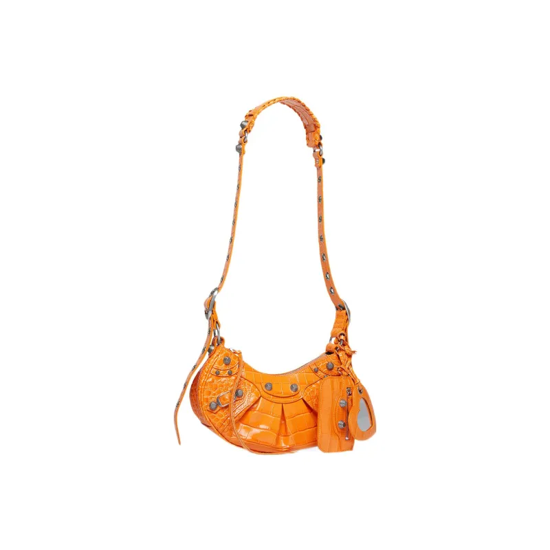 Balenciaga Le Cagole Supple Crocodile Pattern Embossed Cow Leather Crossbody Bag Shoulder Bag Mini Women's Orange-1