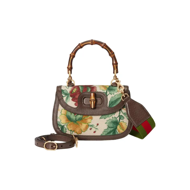 GUCCI Bamboo 1947 Leather Shoulder Bag Crossbody Bag Handbag Small Size Women's Ivory White/Multicolor-1