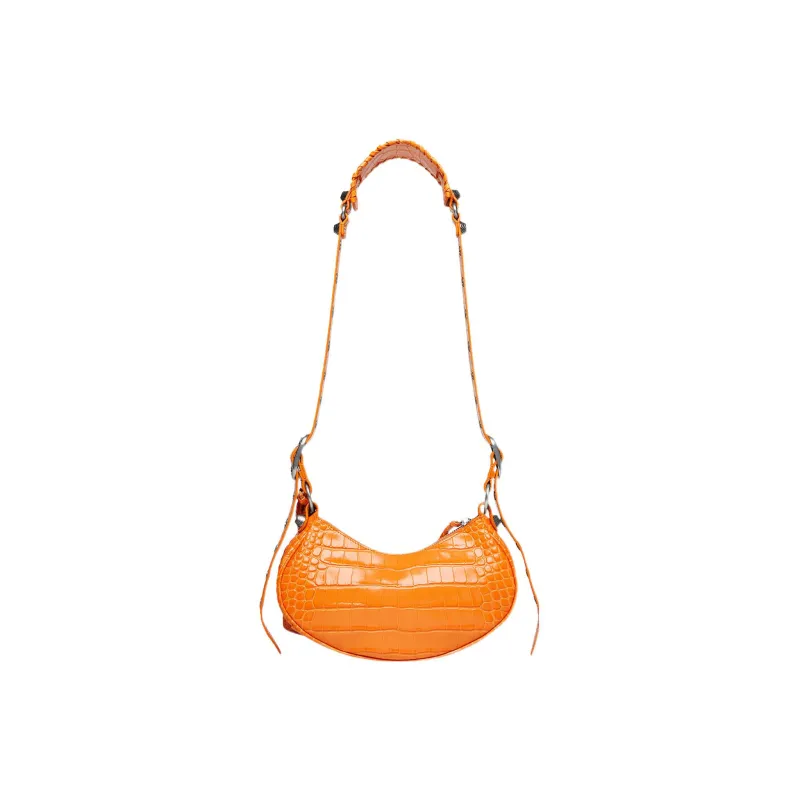 Balenciaga Le Cagole Supple Crocodile Pattern Embossed Cow Leather Crossbody Bag Shoulder Bag Mini Women's Orange-2