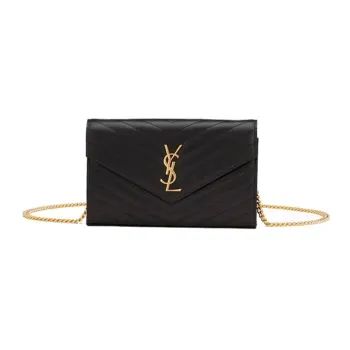 SAINT LAURENT Monogram Chain Wallet Matelasse Grain De Poudre Gold tone Black
