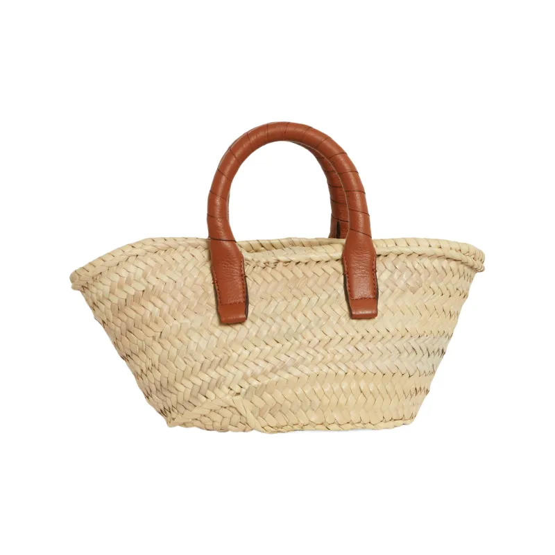 Chloe Marcie Raffia Patchwork Cow Leather Basket Bag Handbag Mini Women's Beige/Brown-2