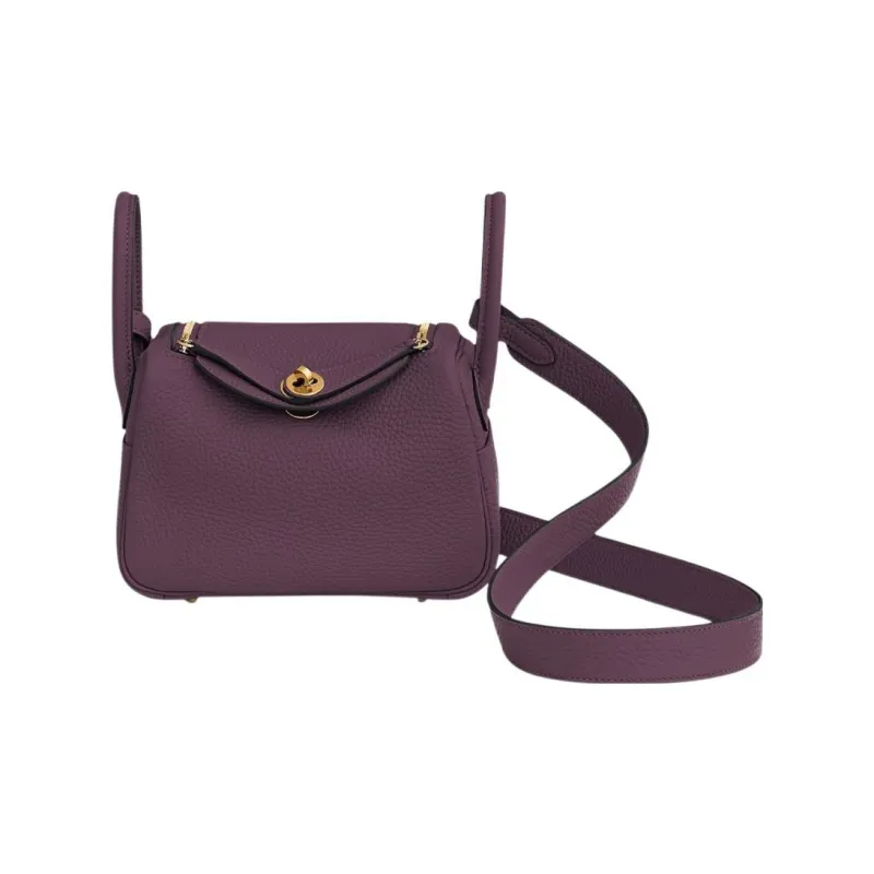 HERMES Lindy Clemence Bullock Leather Handbag Shoulder Bag Crossbody Bag Mini Women's N5 Cassis Blackcurrant Color-0