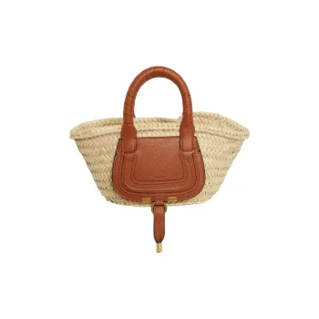 Chloe Marcie Raffia Patchwork Cow Leather Basket Bag Handbag Mini Women's Beige/Brown