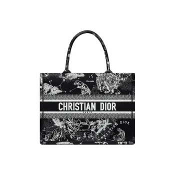 DIOR Embroidery Tote Bag Shopping Bag Shoulder Bag Handbag Medium Size Women's Black