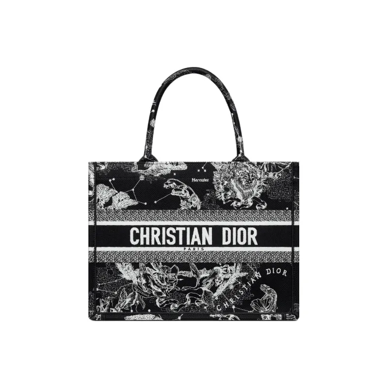 DIOR Embroidery Tote Bag Shopping Bag Shoulder Bag Handbag Medium Size Women's Black-0