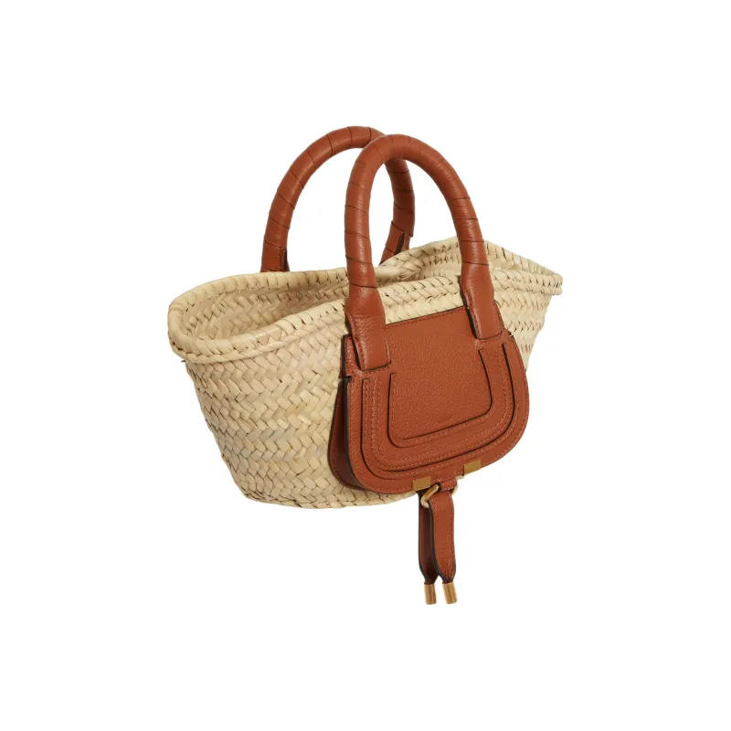 Chloe Marcie Raffia Patchwork Cow Leather Basket Bag Handbag Mini Women's Beige/Brown-1
