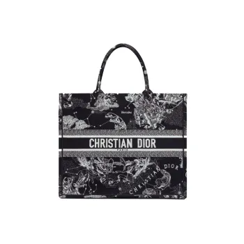 DIOR BookTote Embroidery Tote Bag Shopping Bag Shoulder Bag Handbag Large Size Women's Black