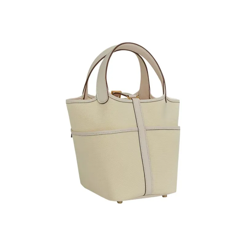 HERMES Picotin Lock Canvas With Swift Calfskin Basket Bag, Bucket Bag, Handbag Women's Light Beige/Cream White-2
