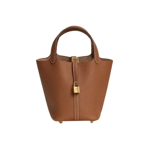 HERMES Maurice Bullock Leather Basket Bag Handbag Bucket Bag 18 Women's 34 Fauve Light Tawny