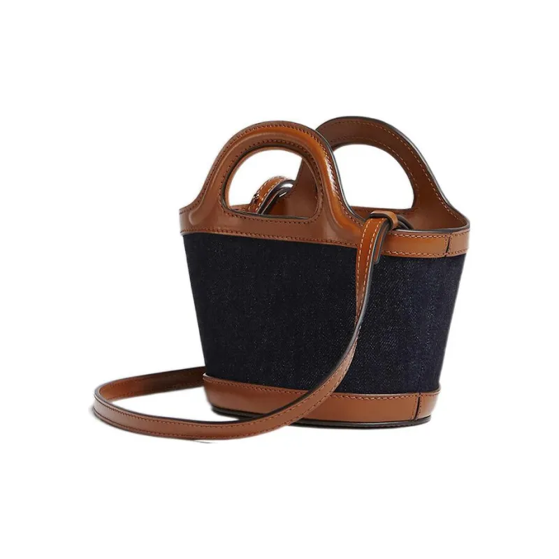 MARNI Cotton With Leather Bucket Bag, One Shoulder Handbag Mini Women's Blue-2