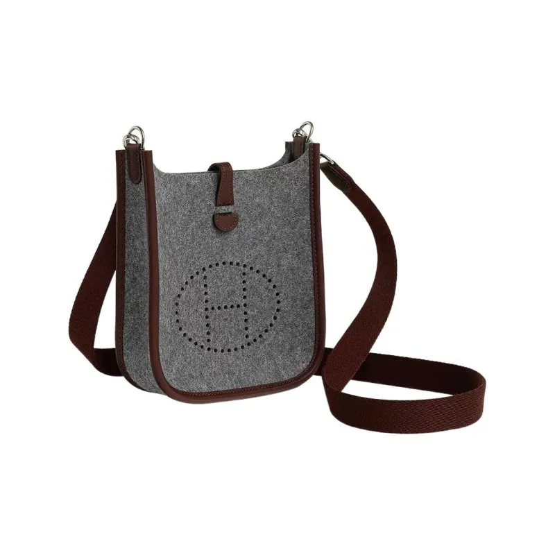 HERMES Evelyne Swift Calfskin With Velvet Fabric Shoulder Bag Crossbody Bag Mini Unisex Medium Gray/Havana Coffee-1