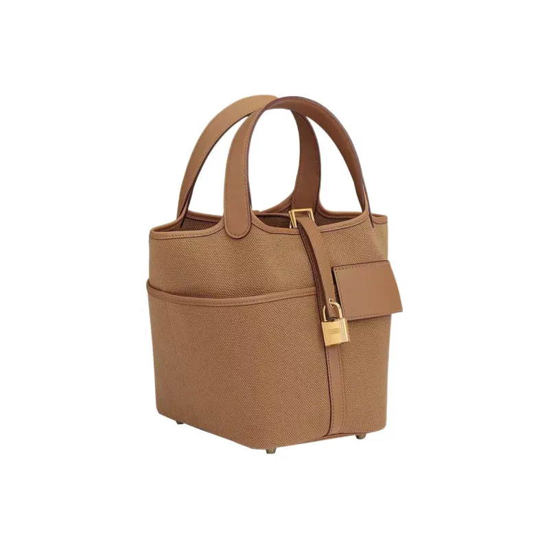 HERMES Picotin Lock Canvas With Swift Calfskin Basket Bag Handbag Women's Tea Brown-1