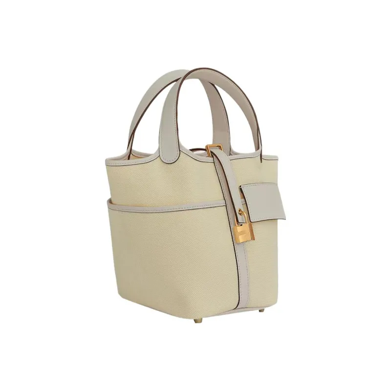 HERMES Picotin Lock Canvas With Swift Calfskin Basket Bag, Bucket Bag, Handbag Women's Light Beige/Cream White-1