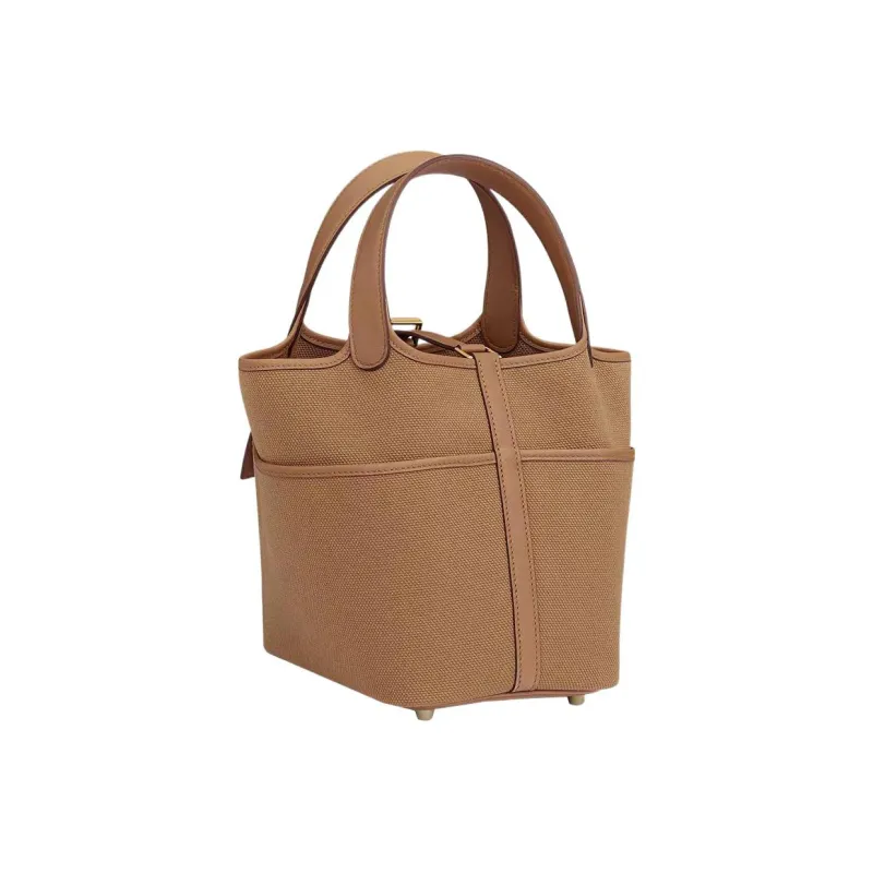 HERMES Picotin Lock Canvas With Swift Calfskin Basket Bag Handbag Women's Tea Brown-2