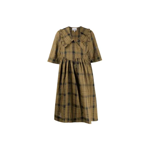 GANNI Short-Sleeved Dresses Women's Brown Yellow