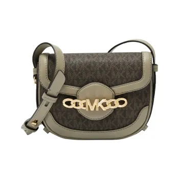 MICHAEL KORS Hally Leather Saddle Bag, Shoulder Bag, Crossbody Bag Extra Small Women's Dark Brown/Light Army Green