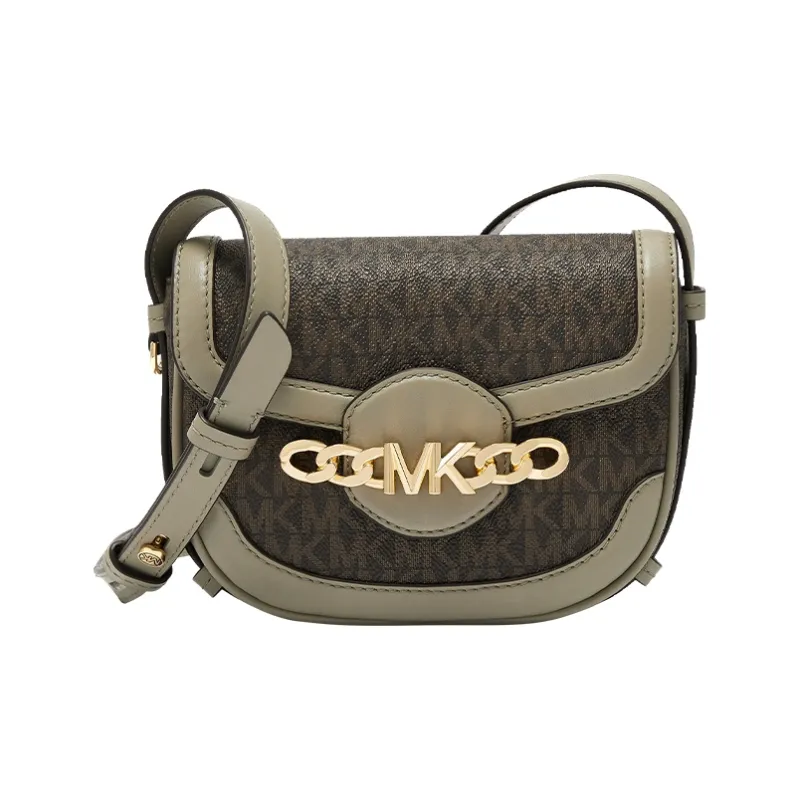 MICHAEL KORS Hally Leather Saddle Bag, Shoulder Bag, Crossbody Bag Extra Small Women's Dark Brown/Light Army Green-0