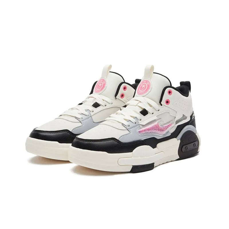 Erke Cream Slip Resistant Cushioning Wear Resistant Mid Top Skateboard Shoes Women's White Black-1