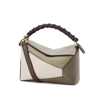 LOEWE Puzzle Napa Calf Leather Handheld Shoulder Bag Crossbody Bag Small Size Women's Olive Green Plaited Wheat