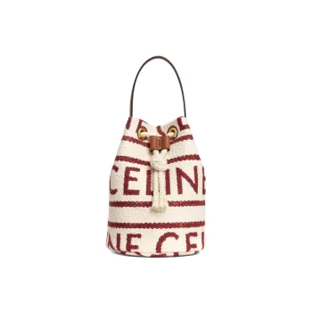 CELINE Textile With Cow Leather Patchwork Bucket Bags Handbags Small Size Women's White Red