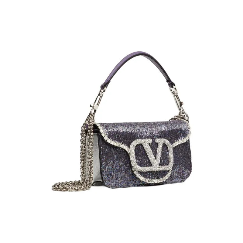 Valentino Locò Leather Baguette Bag Handbags Shoulder Bag Crossbody Bag Mini Women's Dark Purple/Silver-1